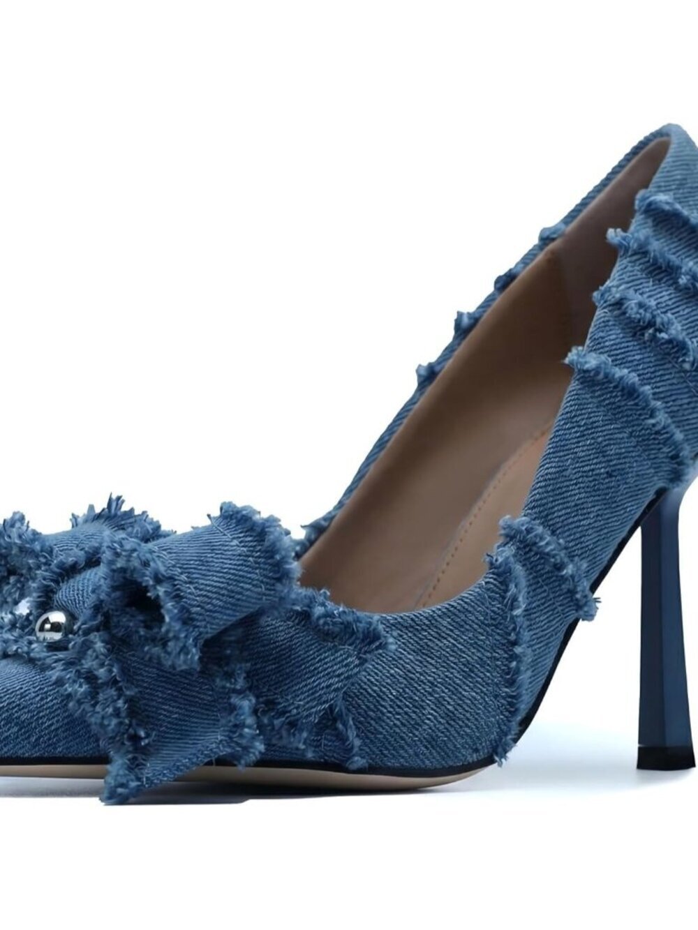 Women's Blue Denim Fringe Pumps, Pointed Toe Stiletto Heels with Bow Accent